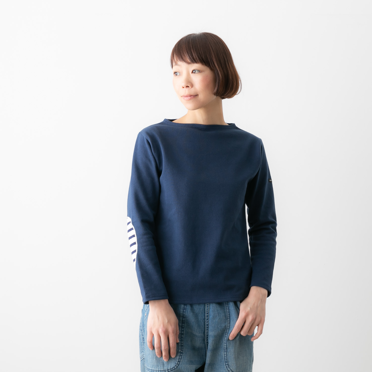 OUESSANT ウエッソン 長袖 無地 ボーダーエルボーパッチ付き ボートネックカットソー 13JC OUE.U COU.R | bluebeat  online shop